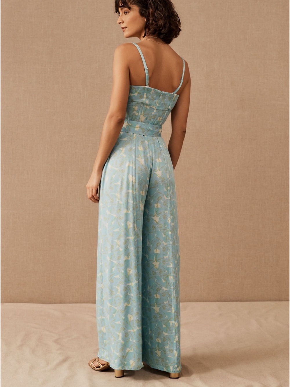 Beautiful Free People BHLDN Light Blue Floral Wide-Leg Jumpsuit with Belt